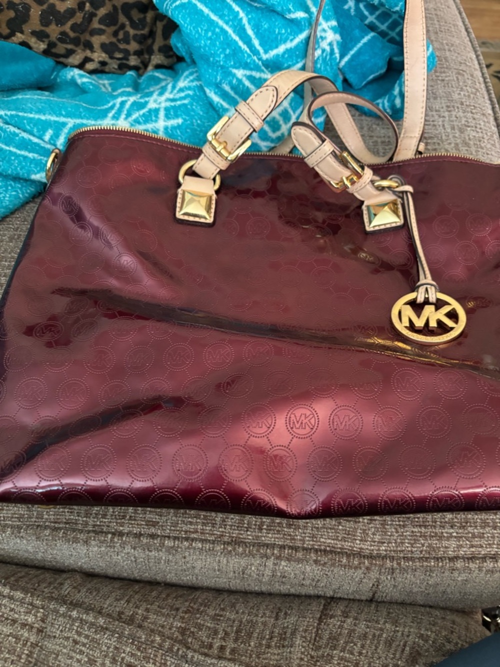 Michael Kors Glossy Burgundy Patent Tote with Beige Handles